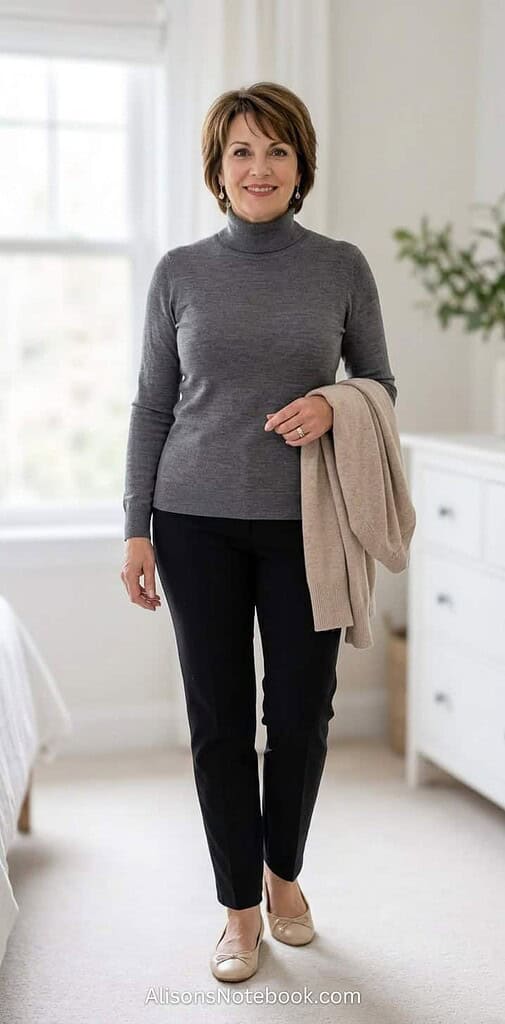 Woman in a slim fine-knit base top and trousers holding a cardigan over her arm near a window.