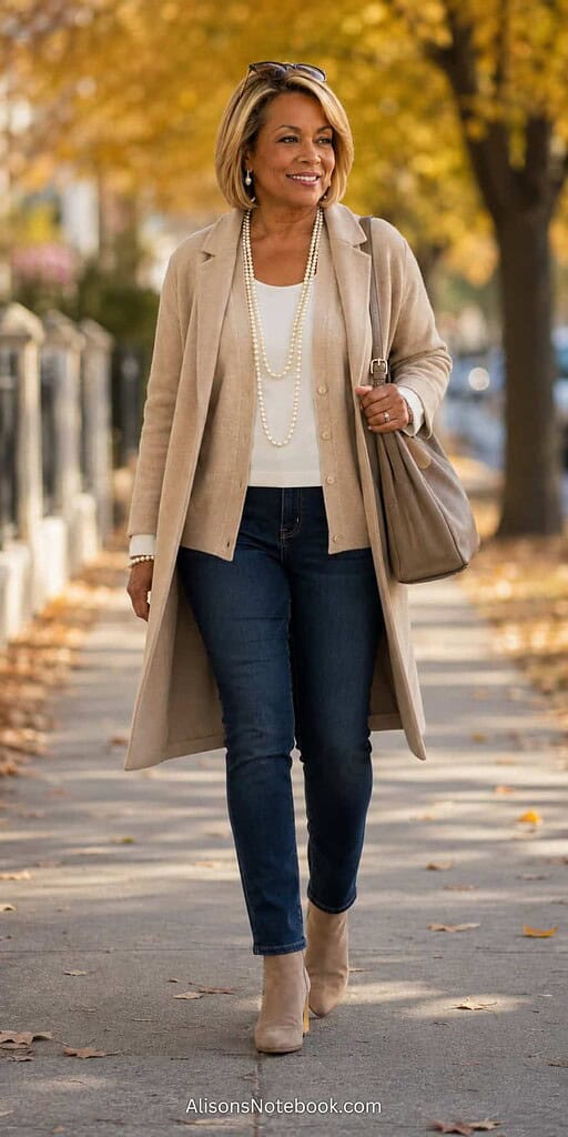 Woman walking in three slim fall layers, a base top, cardigan, and open coat, on an autumn sidewalk.