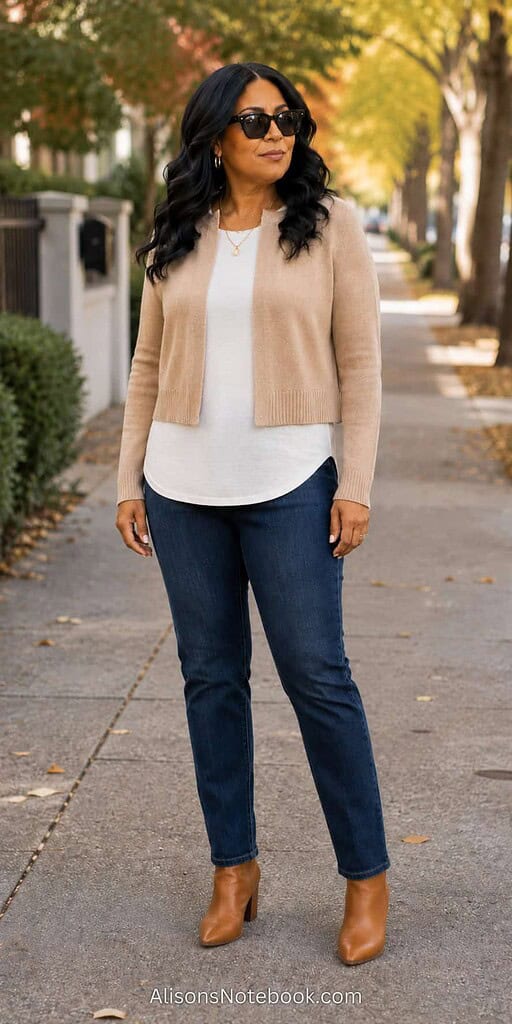 Woman in staggered-length layers, a longer top under a shorter cardigan, on a tree-lined street.