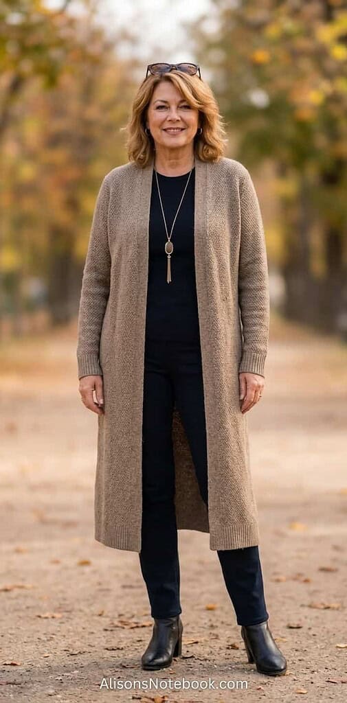 Woman in a long open cardigan and long pendant creating a vertical line, in an autumn park.