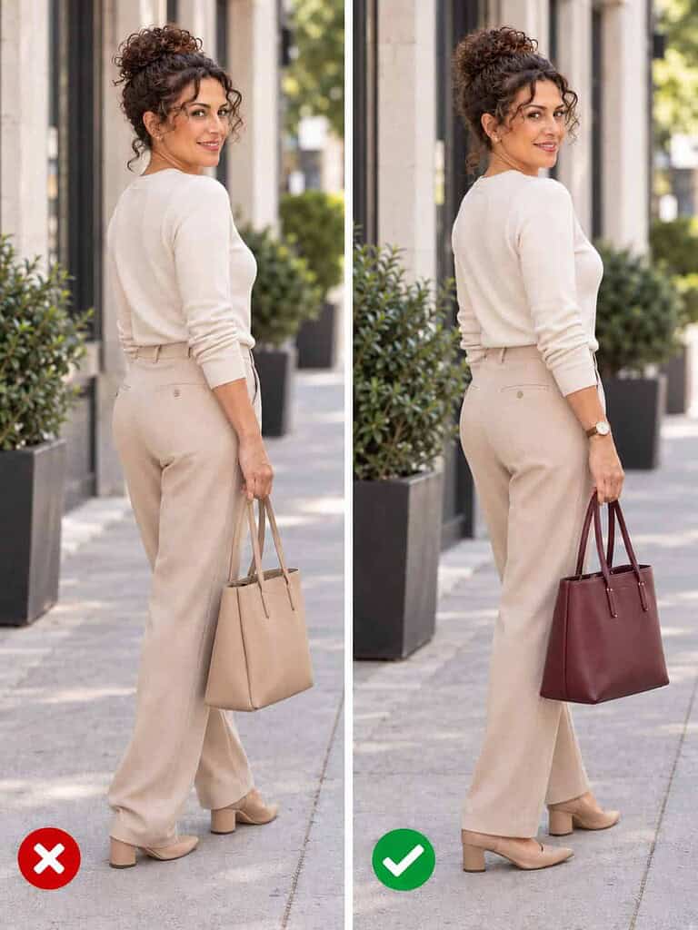 Side-by-side comparison of a woman in her fifties in a neutral outfit seen from a rear three-quarter angle: on the left a plain beige bag, on the right a modern burgundy handbag as an accent.