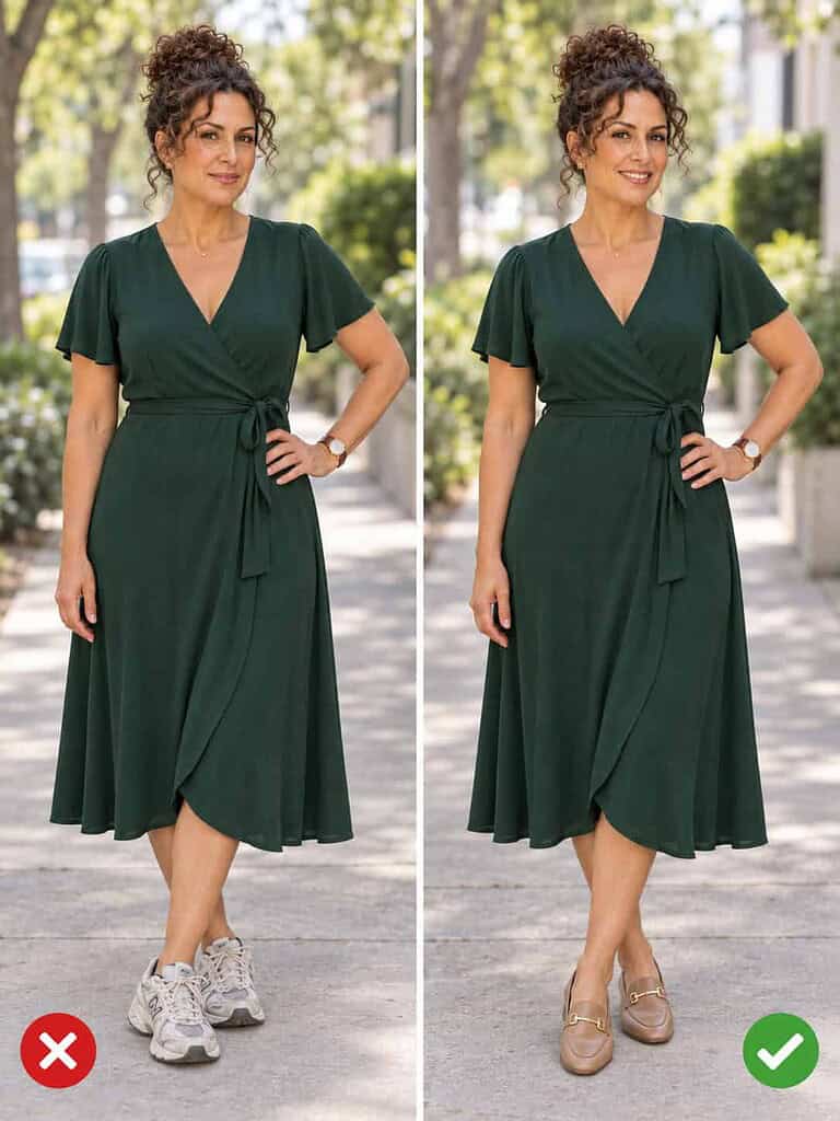 Side-by-side comparison of a woman in her fifties in a forest-green dress: on the left chunky worn trainers, on the right sleek almond-toe loafers.