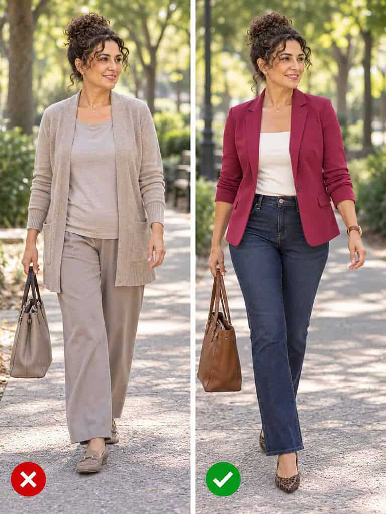Side-by-side comparison of a woman in her fifties: on the left a shapeless beige cardigan and loose trousers, on the right a berry fitted jacket over a cream top with dark jeans.