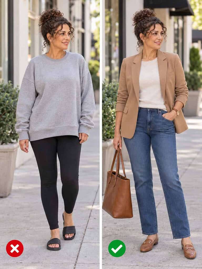 Side-by-side comparison of a woman in her fifties: on the left a baggy sweatshirt and leggings, on the right straight jeans with an oatmeal knit and open camel blazer.