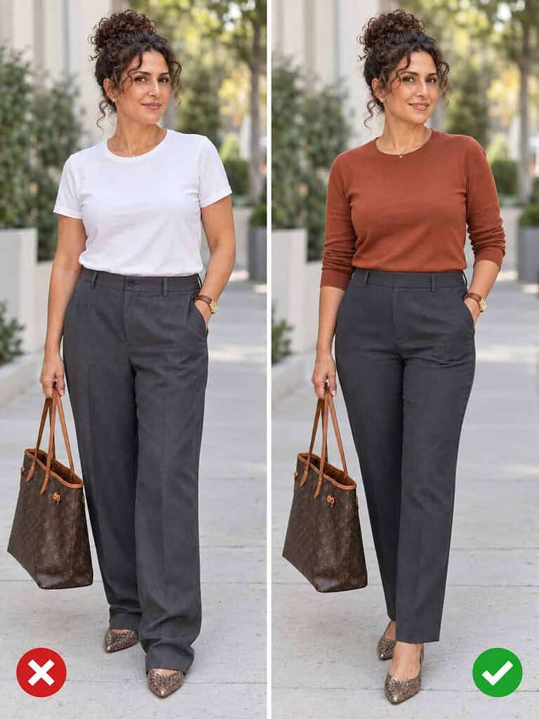Side-by-side comparison of a woman in her fifties: on the left charcoal trousers pooling too long over the shoes, on the right the same trousers hemmed to a clean length with a rust top.