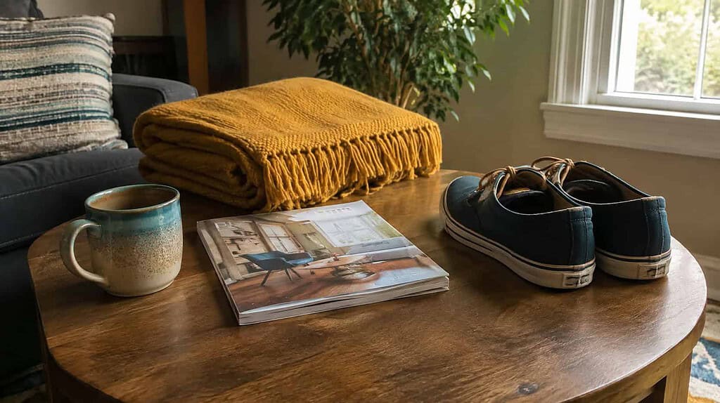 Five everyday items gathered on a side table, a mug, folded blanket, magazine, and two shoes, showing the put-away-five-things method