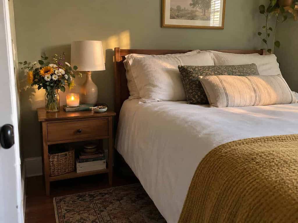 A jar of fresh-cut flowers and a glowing candle on a clean bedside table beside a neatly made bed with fresh sheets
