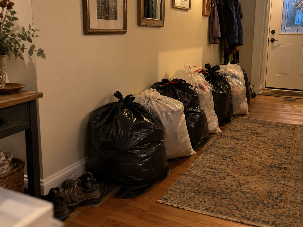 A row of large, full, tied bags lined up in the hallway by the front door, waiting to be taken out