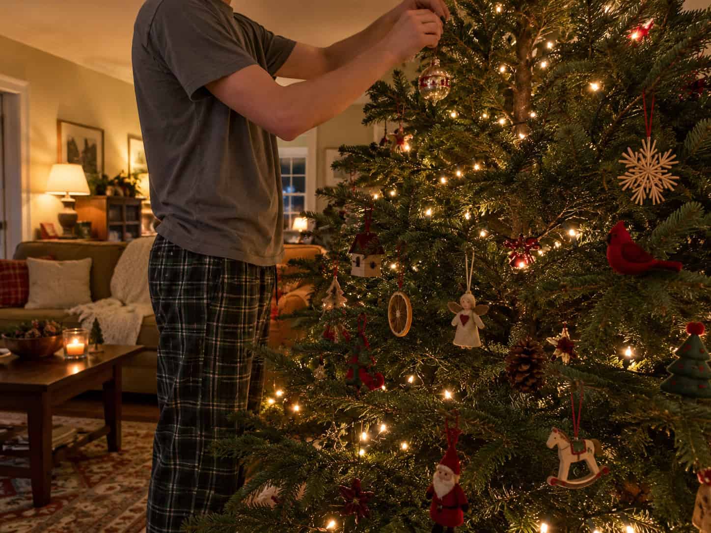 A teenage boy standing on the floor hanging a fragile glass ornament high on a sturdy branch, with sturdy handmade ornaments on the low branches.