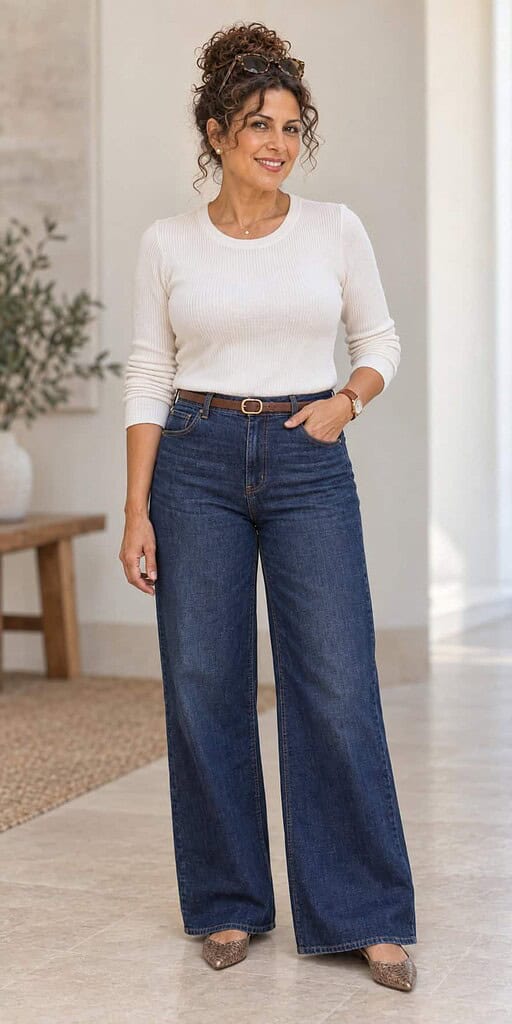 Woman in her fifties with curly hair wearing dark high-rise wide-leg jeans and a fitted tucked-in knit with a belt, showing a defined waist.