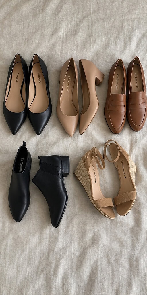 Black pointed flats, nude block-heel pumps, tan loafers, black ankle boots, and tan wedge sandals laid out on a light surface.