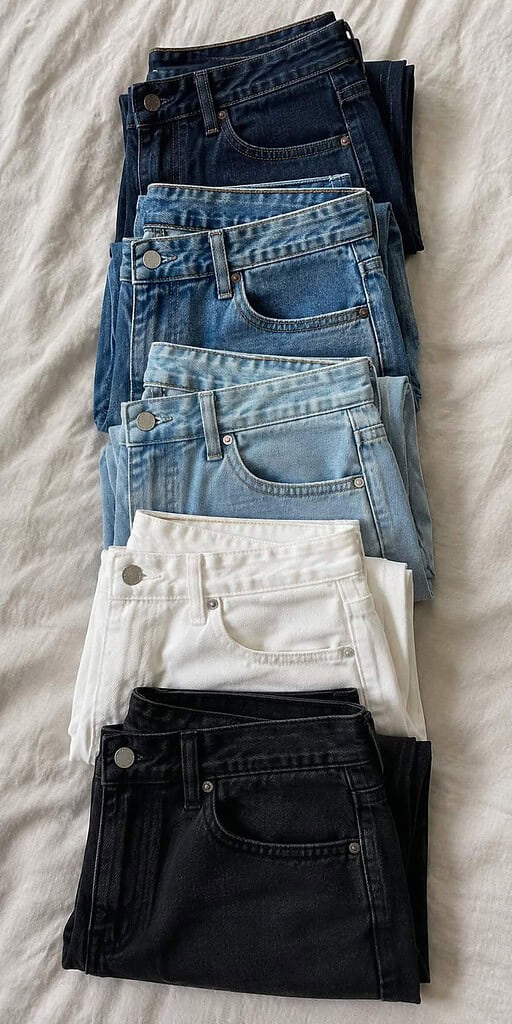 Five pairs of folded wide-leg jeans in dark, medium, light, white, and black washes laid out on a light surface.