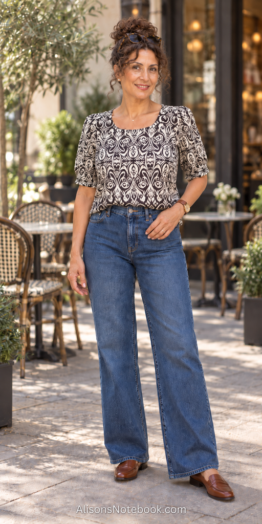 Woman in her fifties with curly hair wearing medium-wash wide-leg jeans, a black-and-cream patterned top, and brown loafers at an outdoor café.