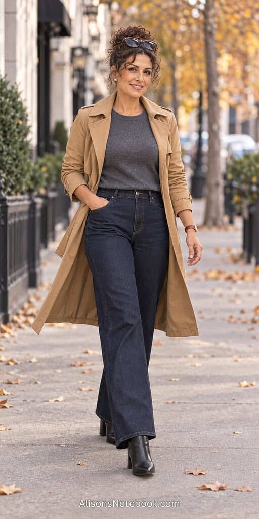Woman in her fifties with curly hair wearing dark wide-leg jeans, a charcoal knit, and an open camel trench with black ankle boots, glancing back on an autumn sidewalk.
