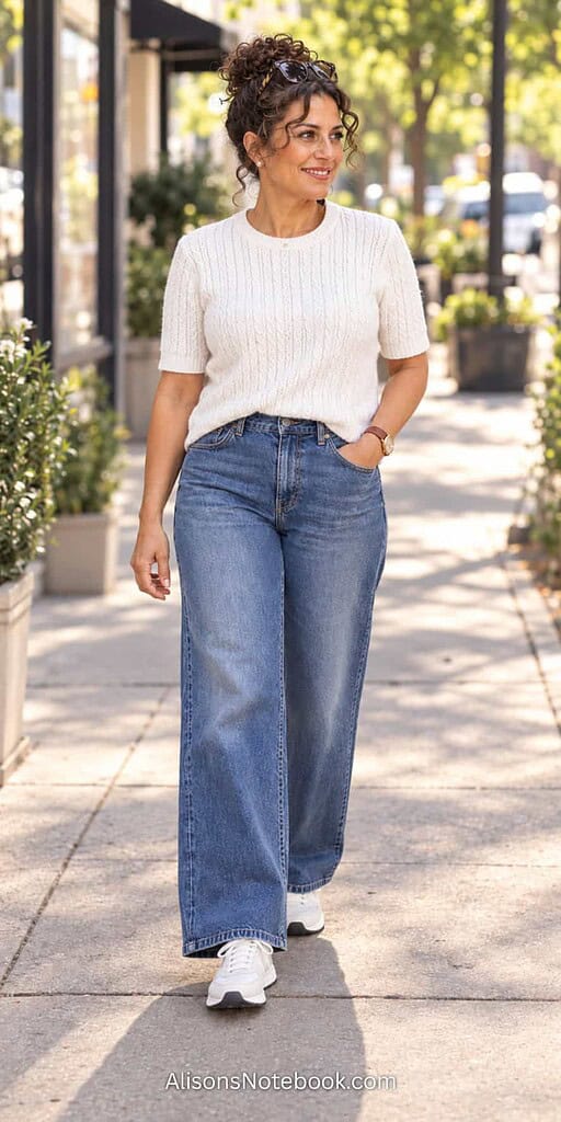 Woman in her fifties with curly hair wearing medium-wash wide-leg jeans, a white knit top, and white sneakers on a sunny sidewalk.