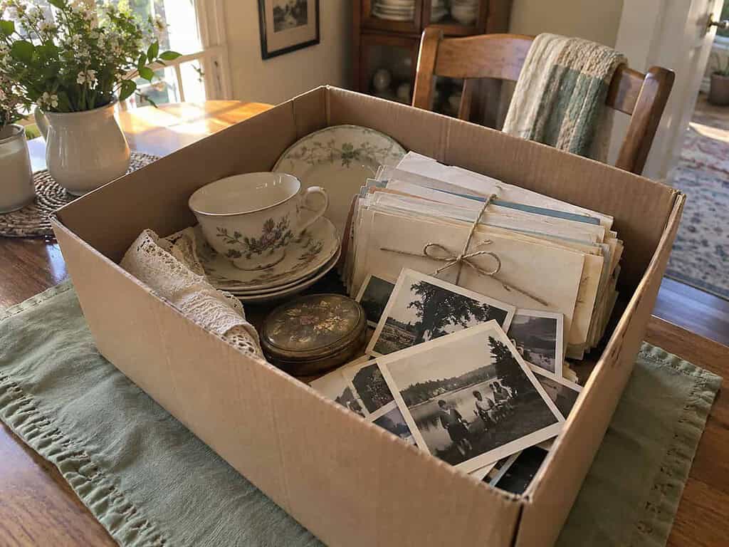 An open box of a parent's belongings with old dishes, a bundle of letters, and faded photographs on a wooden table
