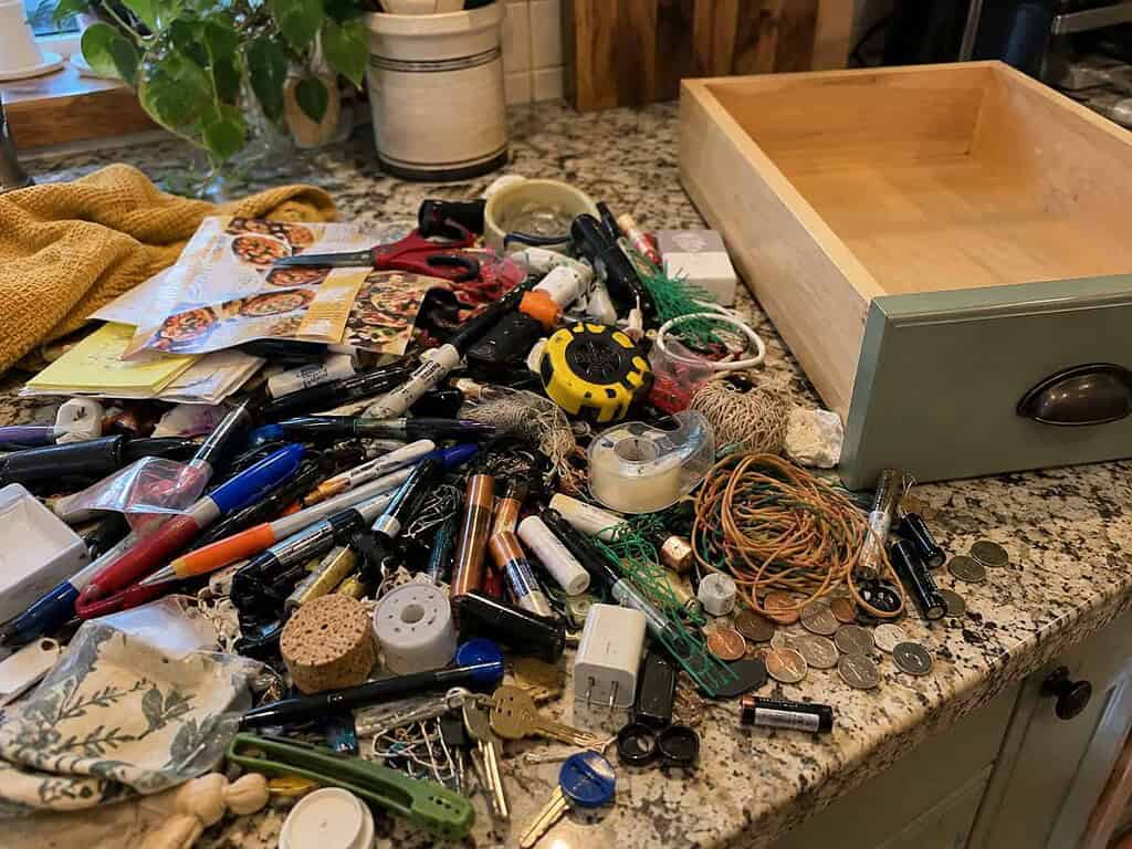 The full contents of a junk drawer dumped in a pile on the counter with the empty drawer beside it