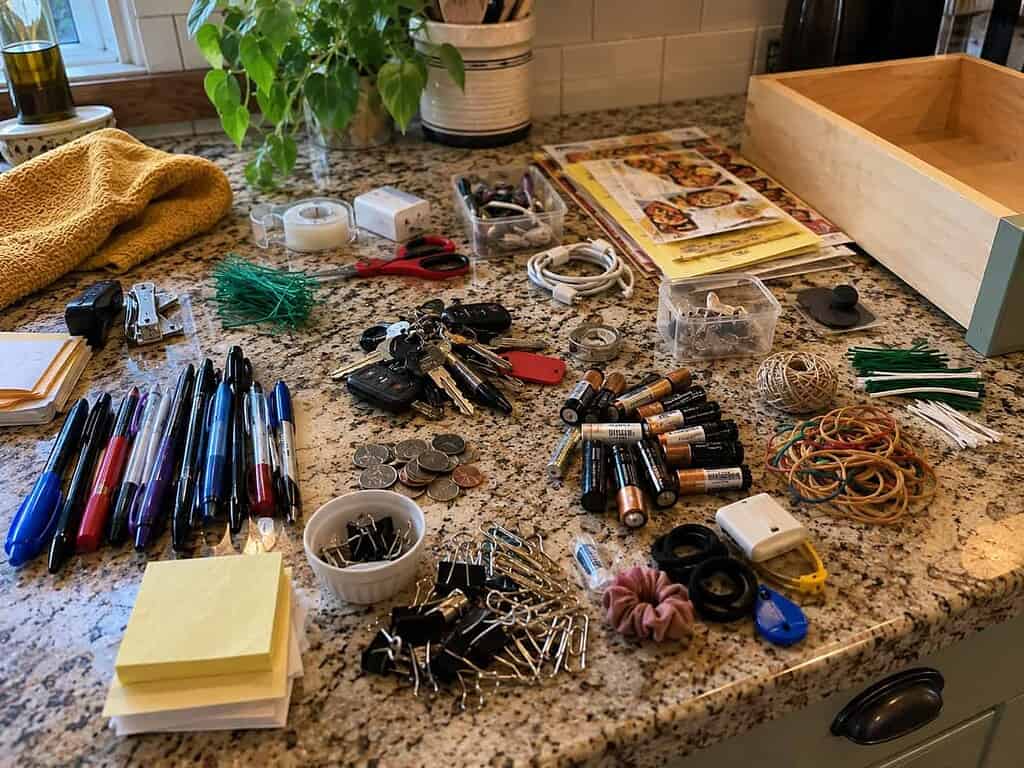 Junk drawer items sorted into little groups on the counter, pens, keys, and batteries in their own piles