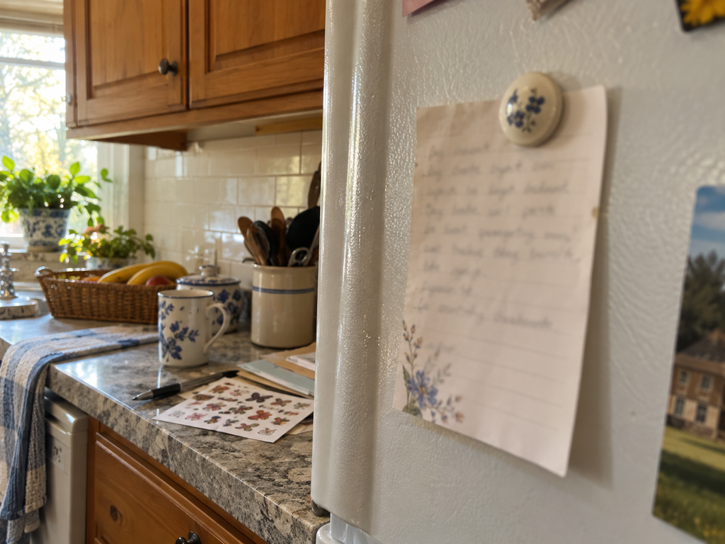A handwritten list held to the refrigerator with a magnet and a sheet of small colored stickers on the counter below