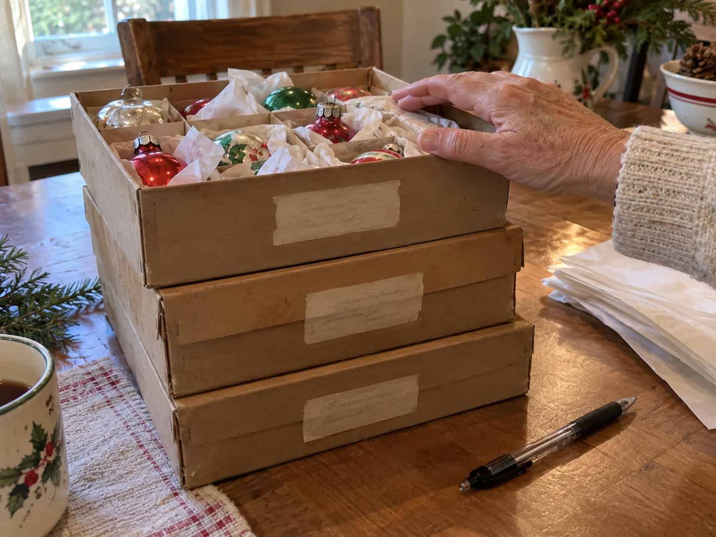 Three stacked cardboard ornament boxes with handwritten labels taped to the sides, and a woman's hand resting on top beside a pen.
