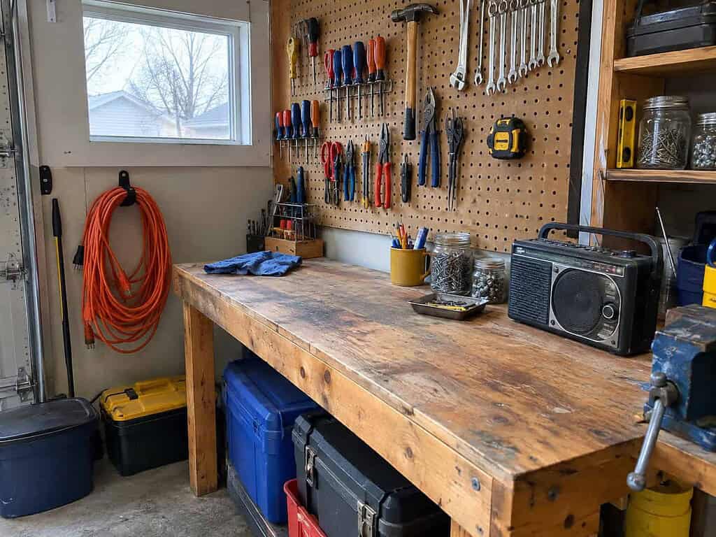 A husband's own lived-in garage workbench corner with tools and jars, his domain left as his