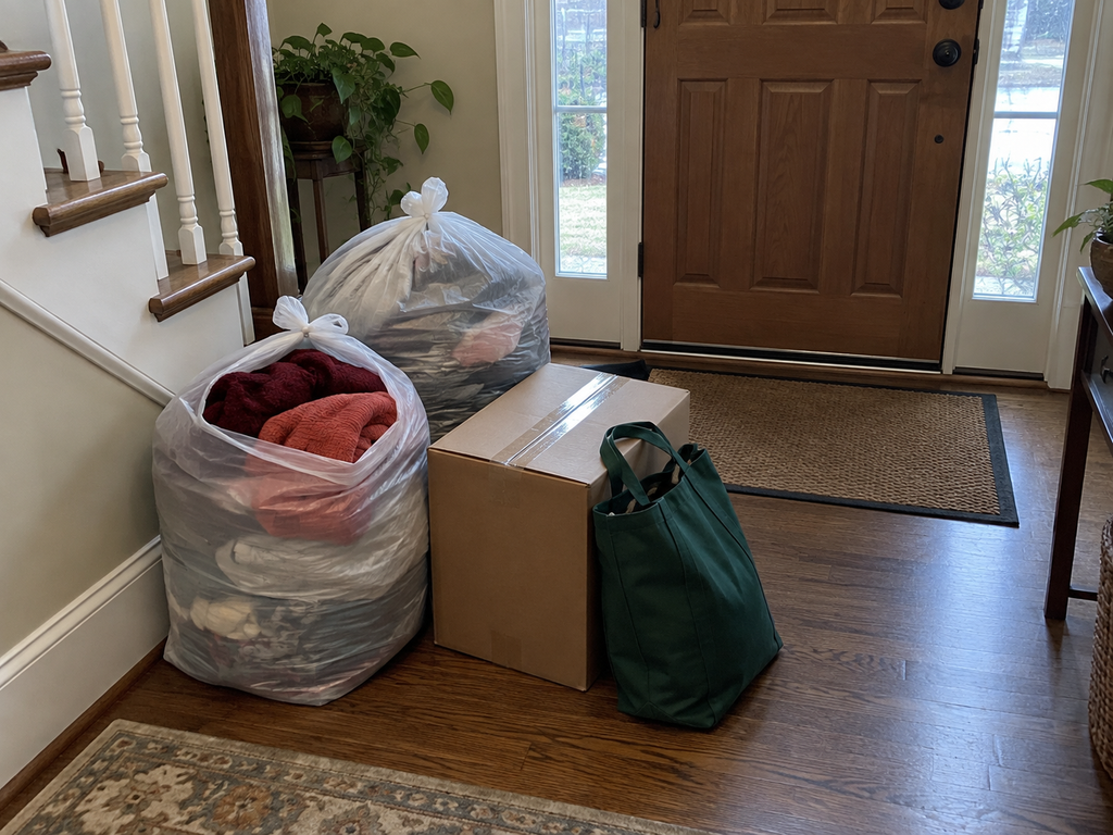 Tied donation bags and a sealed box waiting by the front door for pickup, letting someone else do the heavy lifting