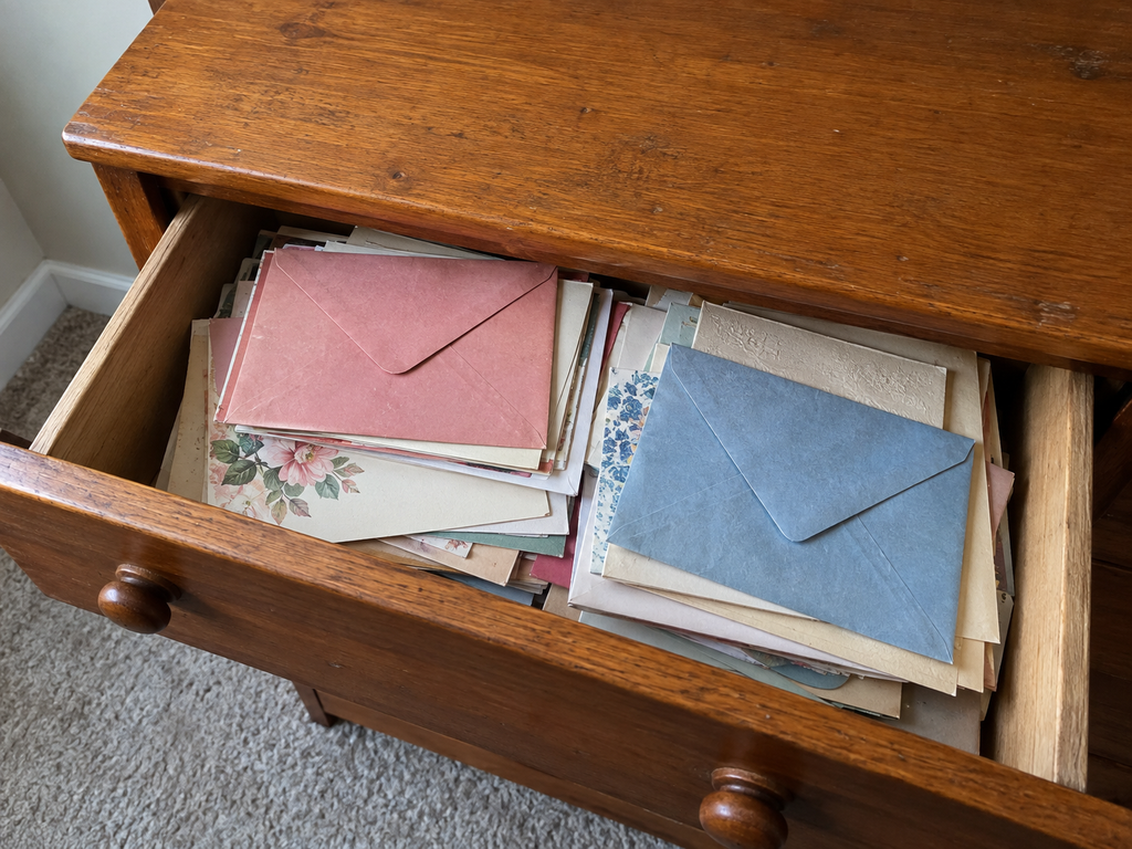One open drawer of old greeting cards and letters, the quiet weight of a lifetime of things