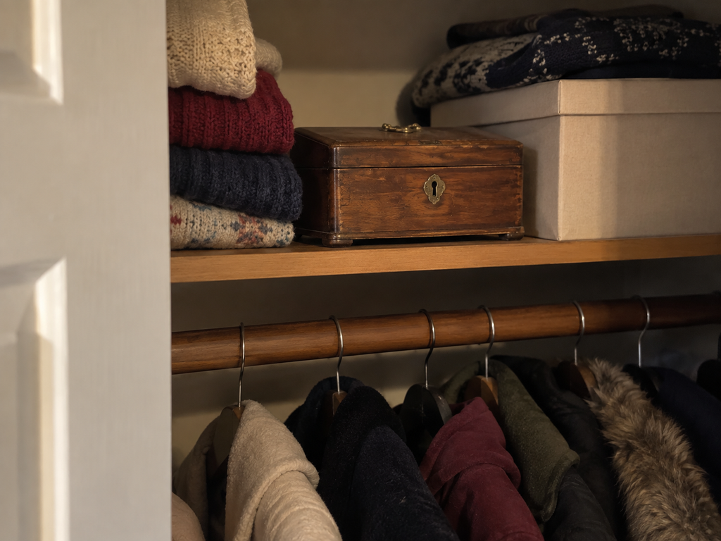 Small wooden jewelry box on a closet shelf between folded sweaters, with coats hanging below.