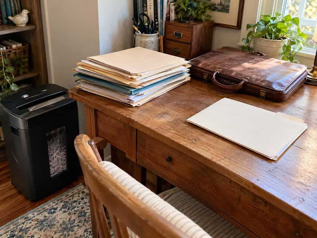 Old work files, a worn briefcase, and a paper shredder at a home office desk, with one important folder set apart