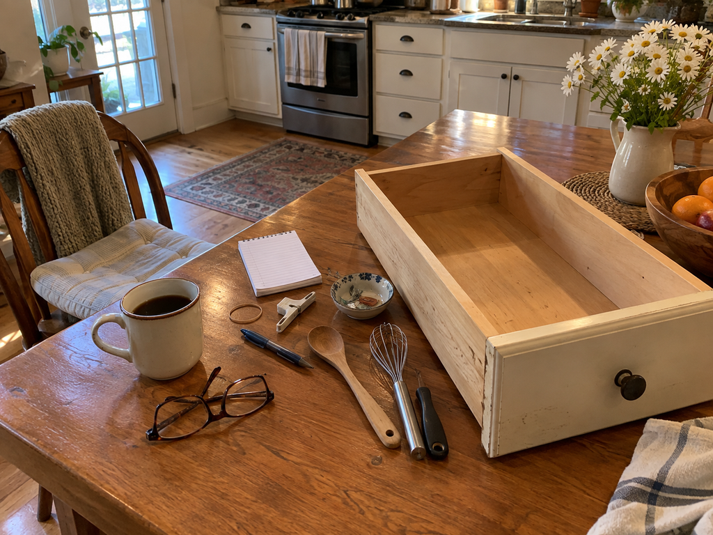 A single kitchen drawer set on the table being sorted, with a cup of coffee and reading glasses nearby