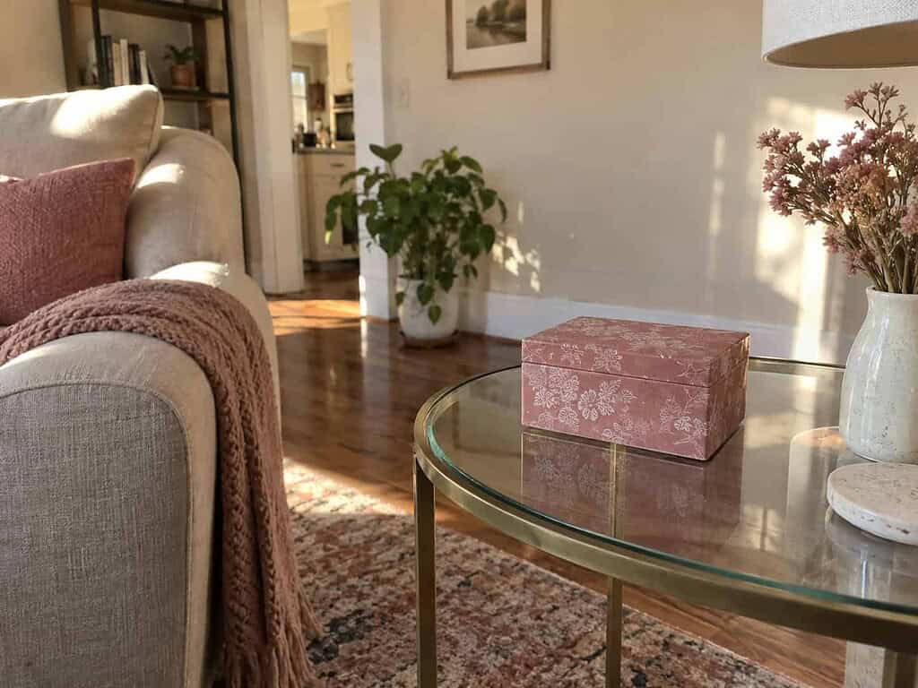 A single small keepsake box on a clear side table with calm, uncluttered space around it