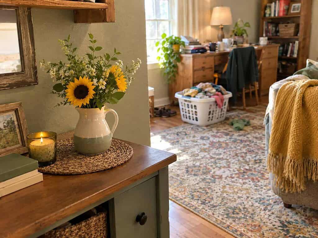 One perfectly tidy styled corner in focus with a normal lived-in room and a laundry basket visible behind it