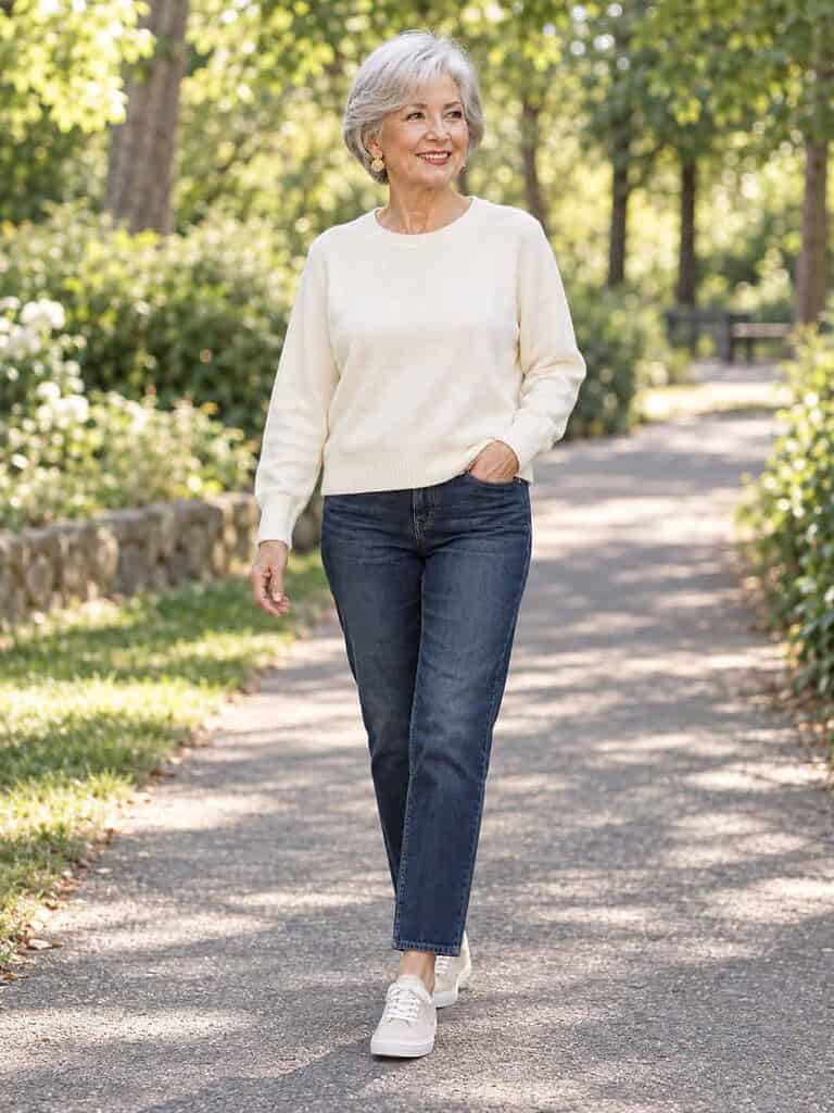 Woman in her seventies with short silver hair wearing a cream crew-neck knit, dark straight ankle jeans, and cream sneakers on a sunny park path.