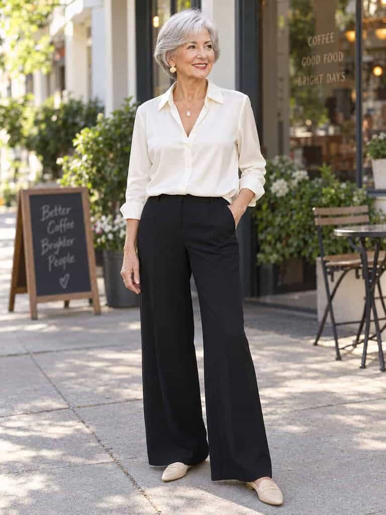 Woman in her seventies with short silver hair wearing an open-collar ivory shirt, black wide-leg trousers, cream loafers, and a gold pendant on a sunlit sidewalk.