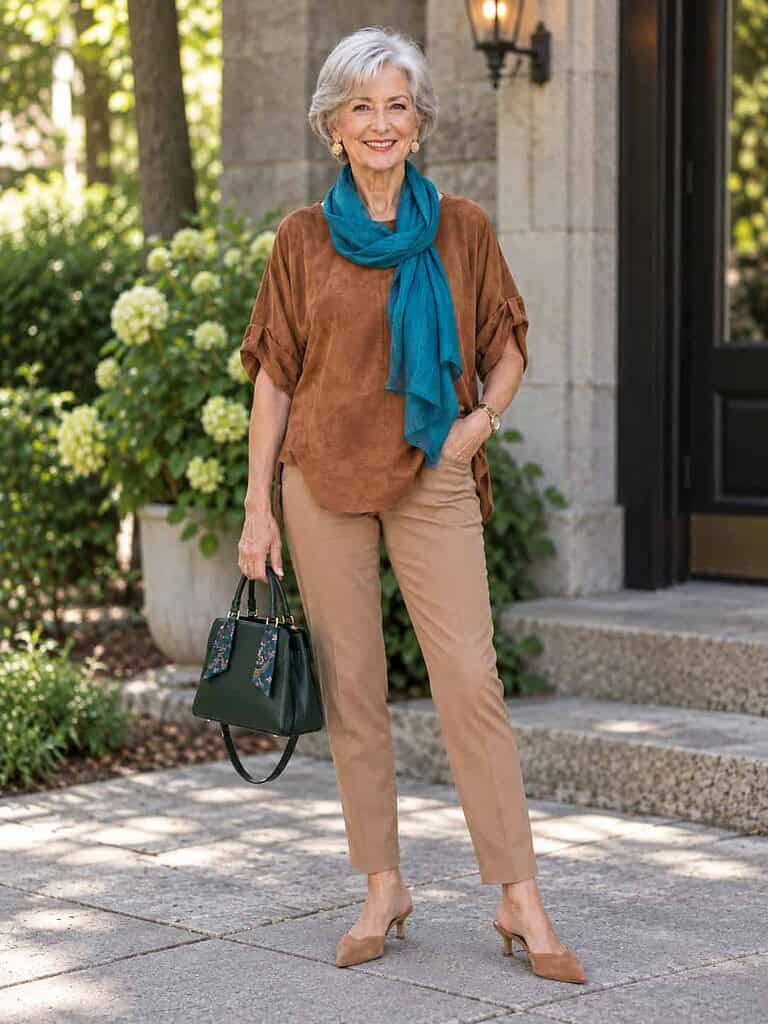 Woman in her seventies with short silver hair wearing a rust top, camel trousers, and a teal scarf, holding a forest-green handbag beside a stone entrance.