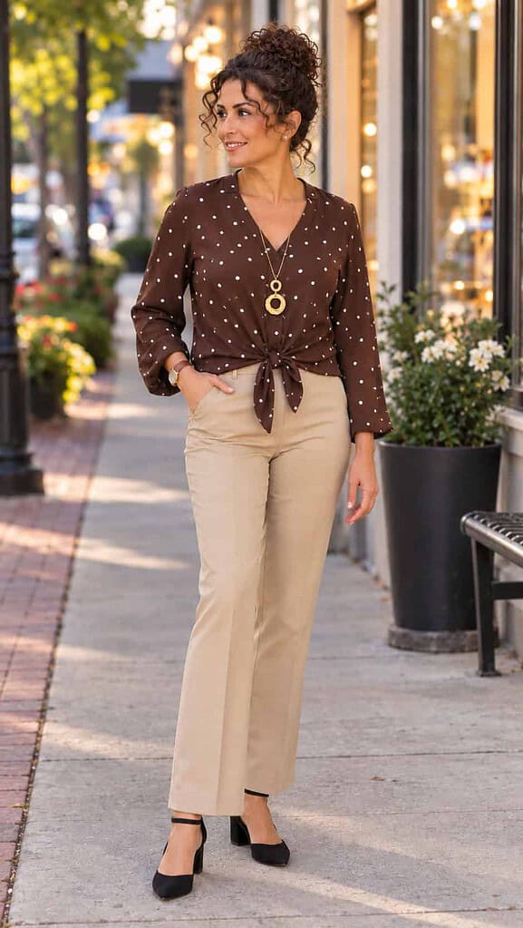Woman in her fifties with curly dark hair worn up, wearing tan tailored trousers, a brown polka-dot tie-front blouse, black ankle-strap heels, and a long gold necklace on an early-evening street.