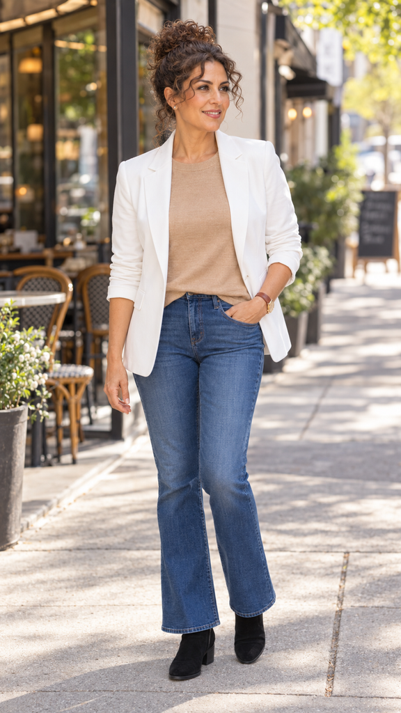 Woman in her fifties with curly dark hair worn up, wearing a white blazer, camel knit top, mid-wash bootcut jeans, and black suede ankle boots on a sunlit sidewalk.