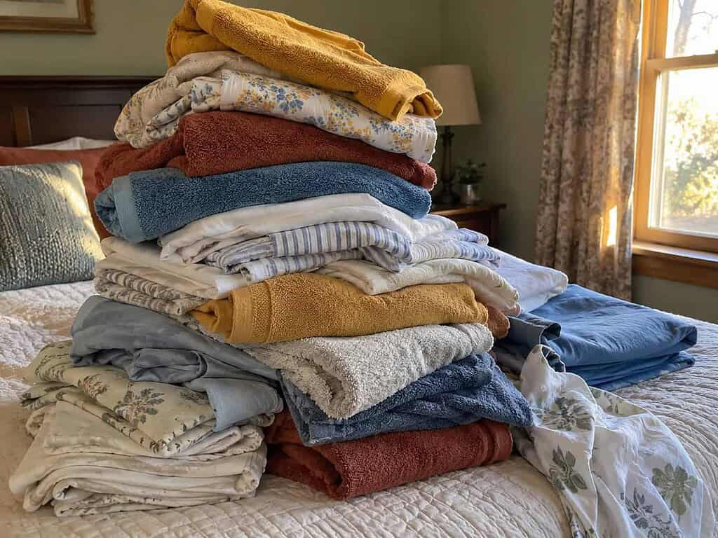 A tall stack of mismatched towels and folded sheets piled on a bed, old and new mixed together