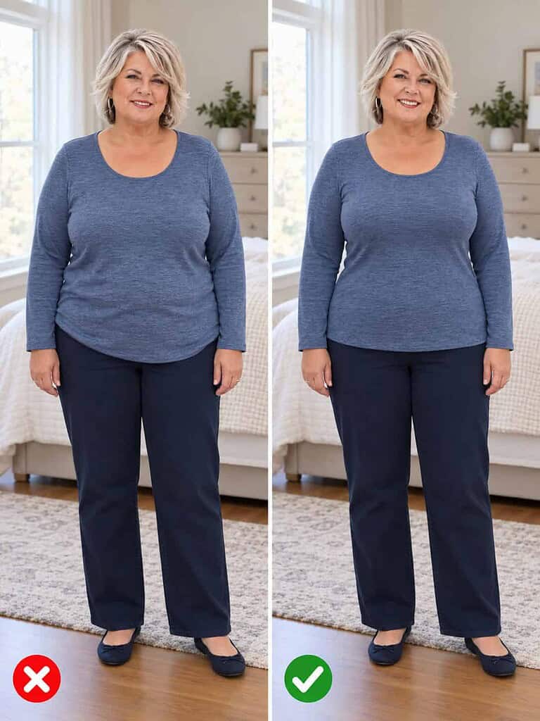 Side-by-side comparison of a plus-size woman in a heather-blue top and navy pants: on the left her bust sits low, on the right it is lifted and the top hangs smoothly.