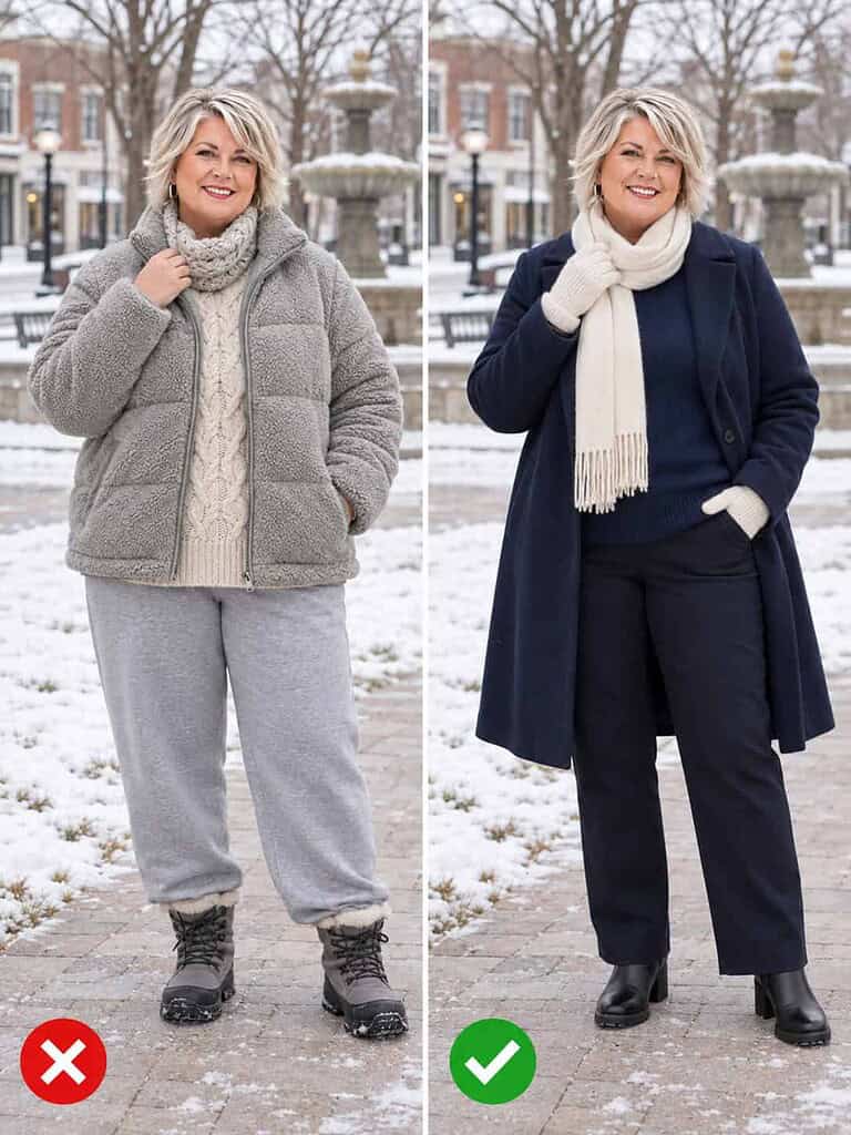 Side-by-side comparison of a plus-size woman in a snowy town square: on the left a chunky sweater under a puffy fleece, on the right a navy fine-knit sweater with an open navy wool coat and cream scarf.