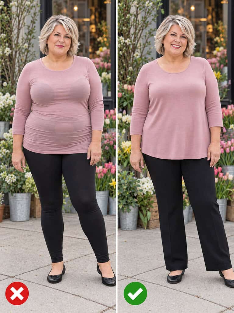 Side-by-side comparison of a plus-size woman outside a flower shop: on the left a thin clingy pink top with leggings, on the right a smooth pink knit top with black ponte pants.