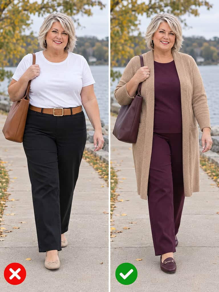 Side-by-side comparison of a plus-size woman by a lake: on the left a white tee, black pants, and tan belt, on the right a plum top and plum pants with a long open camel cardigan.