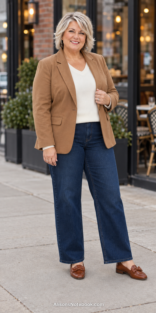 Plus-size woman with short platinum-blonde hair wearing a cream V-neck top, camel blazer, dark straight jeans, and cognac bow loafers outside a bistro.