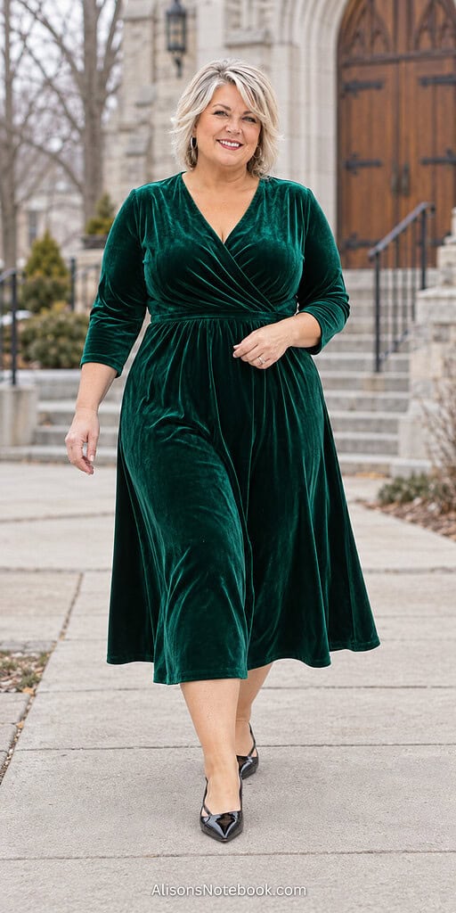 Plus-size woman with short platinum-blonde hair wearing an emerald green velvet wrap midi dress and black patent pointed flats outside a stone church.