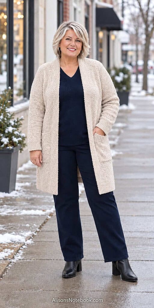 Plus-size woman with short platinum-blonde hair wearing a navy V-neck sweater, navy pants, a long oatmeal cardigan, and black ankle boots on a winter street.