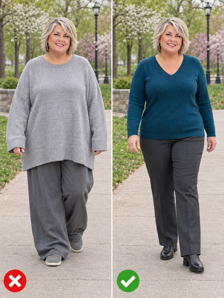 Side-by-side comparison of a plus-size woman: on the left an oversized gray tunic and baggy pants, on the right a fitted teal V-neck top with charcoal straight-leg pants.