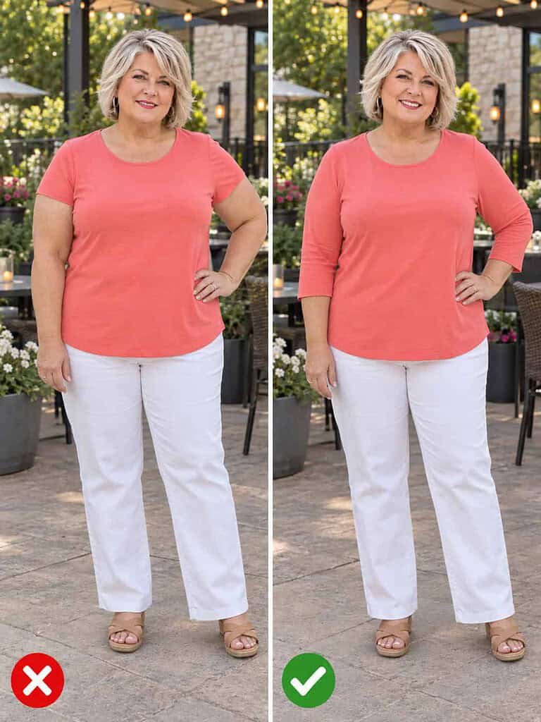 Side-by-side comparison of a plus-size woman on a patio: on the left a coral top with short sleeves ending at the upper arm, on the right a coral top with three-quarter sleeves, both with white pants.