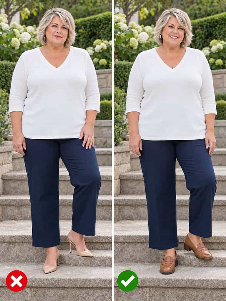 Side-by-side comparison of a plus-size woman on garden steps: on the left narrow backless heeled mules, on the right closed-back tan loafers with a low heel, both with navy pants and a white top.