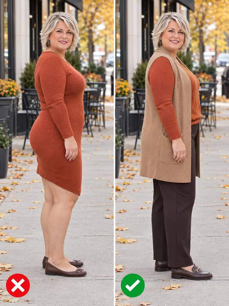 Side-by-side comparison of a plus-size woman in profile: on the left a rust knit dress with a hem that rides up at the back, on the right a rust top over brown pants with an open camel vest and a level hem.