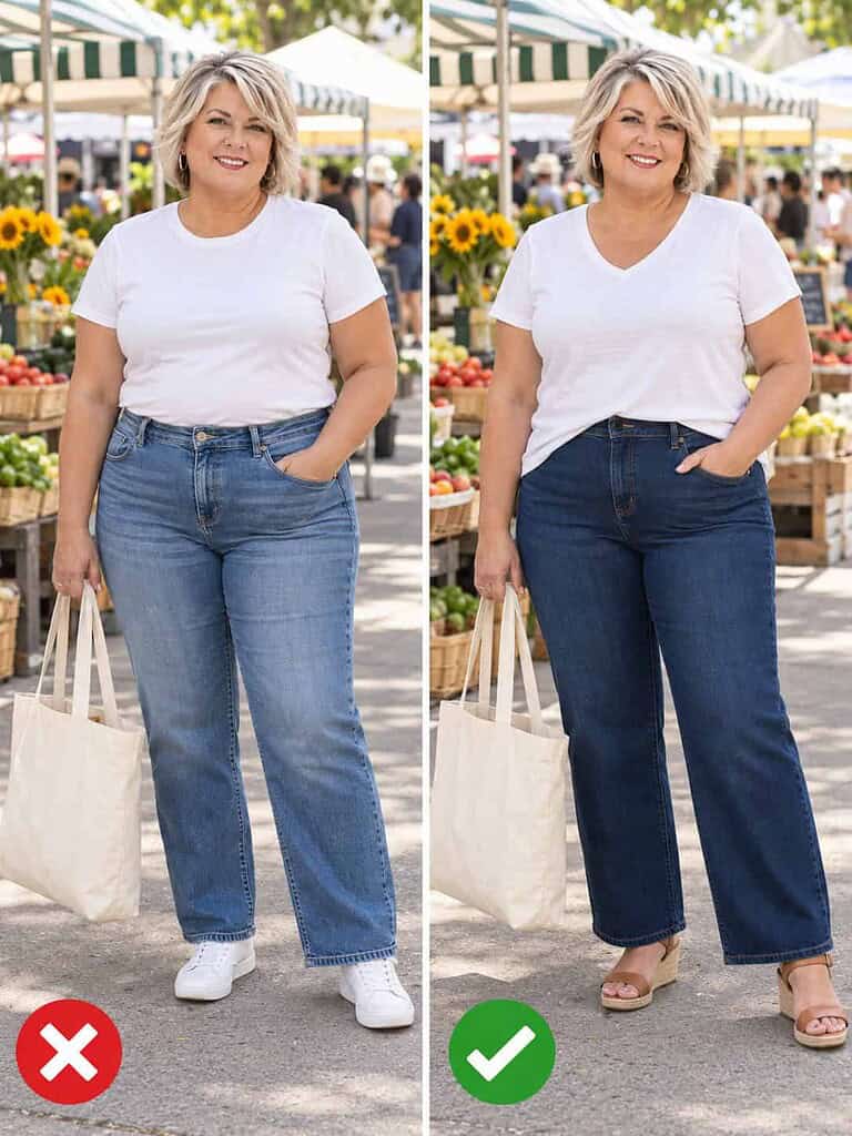 Side-by-side comparison of a plus-size woman at a farmers market: on the left jeans with a waistband across her tummy and a tucked tee, on the right high-rise straight jeans with a V-neck tee worn over the waistband.